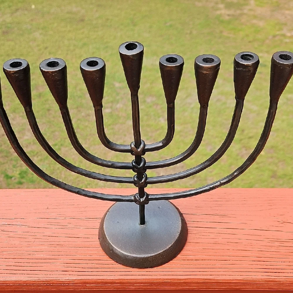 Vintage Crate&Barrel Hanukkah Jewish Menorah Antique Bronze Wrought Iron Holder